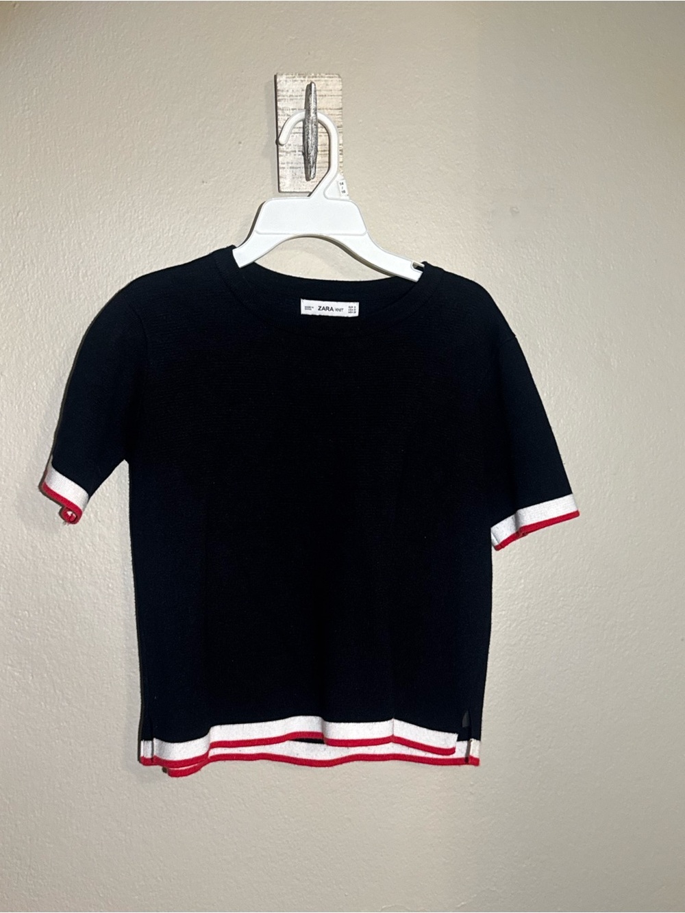Zara Black Short-Sleeve Knit Top with Red & White Trim